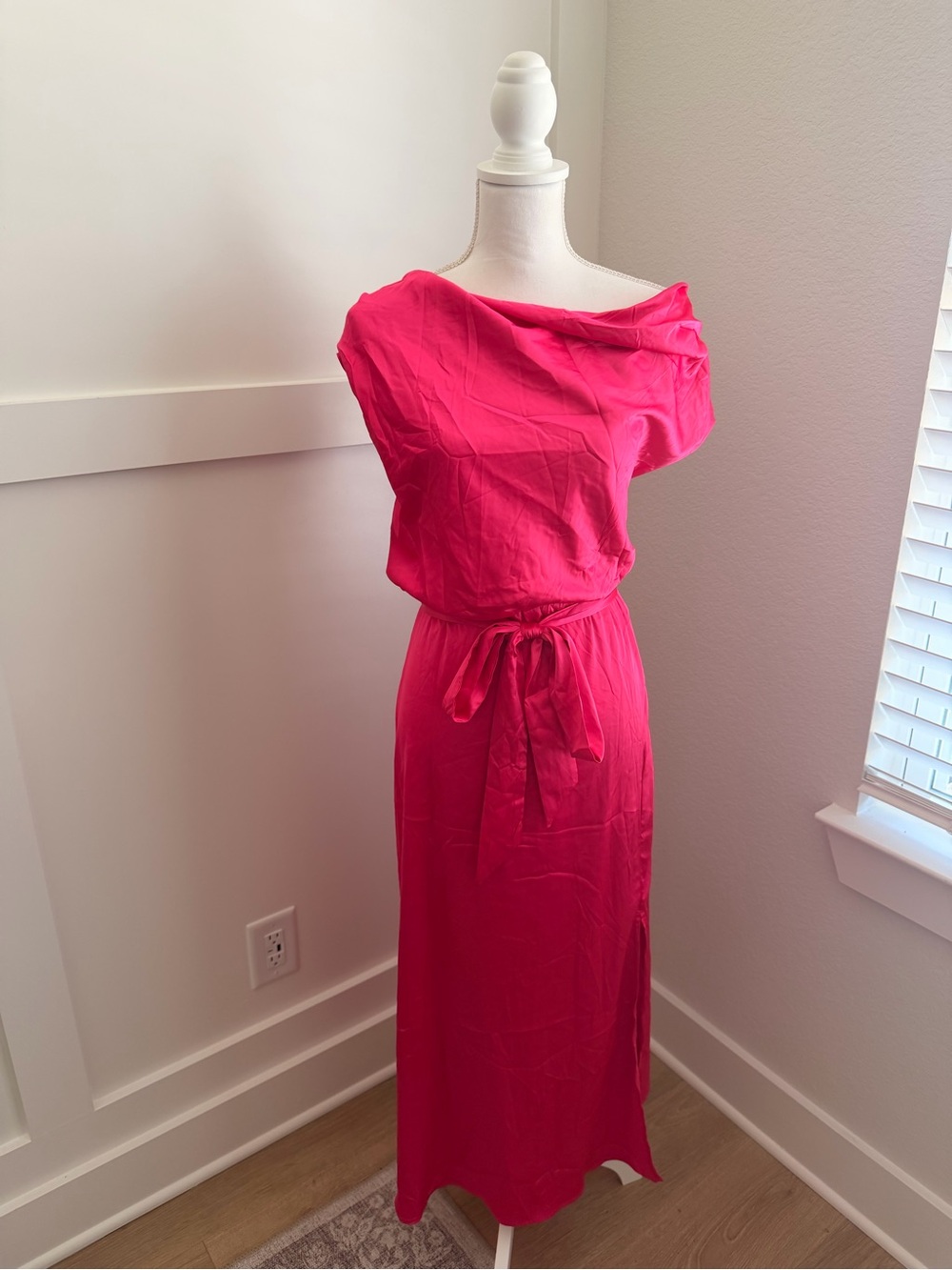 Grace Karin Hot Pink Satin Off Shoulder Midi Dress Tie Waist Slit Size 2XL NWT